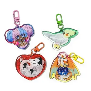 Kuien Hot Sale Custom Printed Acrylic Colorful Glitter Epoxy Plastic Key Chain Translucent Anime Accessories Keychain Charms