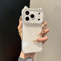 Coque de téléphone mignonne 3D couleur unie avec oreilles de chat pour iPhone 17 16 15 14 13 Pro Max, avec cadre d'appareil photo en strass scintillant et protection antichoc
