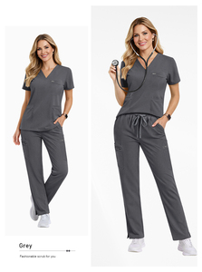 Ensemble de Blouse et Pantalon d'Infirmière Personnalisé Noir, Rose et Gris, Confortable, Respirant et Extensible, pour Vente en Gros - Product Image 4