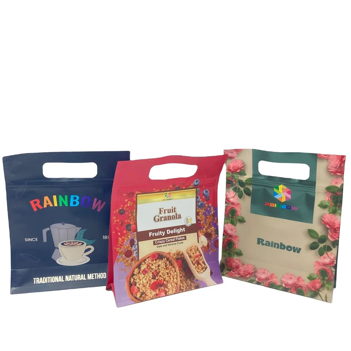 Custom Printed Moist Proof Ziplock Handle Bag Resealable Square Bottom Pouch Food Snack Packaging Bags