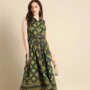 Schlussverkauf Bestseller Damenbaumwolle grün und gelb blumenreine Baumwolle ärmellos gesammelt gestricktes Midi-Kleid zu erschwinglichem Preis