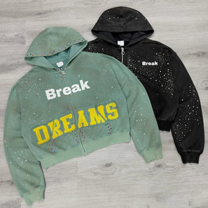 Sweat à capuche surdimensionné vintage en coton délavé avec logo personnalisé, imprimé brodé, strass et fermeture éclair pour homme - Product Image 2