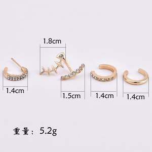 أقراط كفة الأذن بدون ثقب 5 أقراط من حجر الراين الذهبي أقراط مرصعة بعظم السمك للنساء بسعر الجملة - Product Image 5