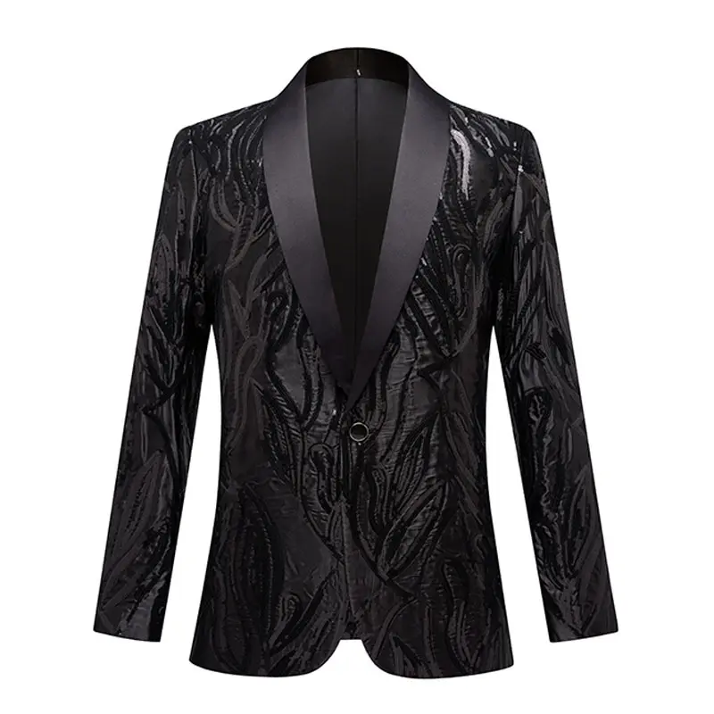 Men's Shiny Black Sequin Glitter Embellished Coat Man Nightclub Blazer Wedding Party Suit Stage Singers Jacket