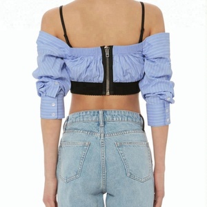 Wholesale Sexy Women's Navel Stripe T-shirt Long Sleeve Crop <b>Top</b> Crop t Shirt Women - Product Image 2