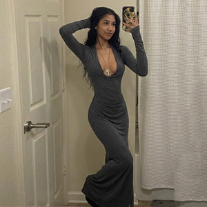 Vestido Maxi Gris para Mujer, Cuello en V Profundo, Manga Larga, Fruncido, Cruzado, Ecológico, Transpirable, Nuevo para Otoño, Fiesta, Club, Estilo Sirena - Product Image 4