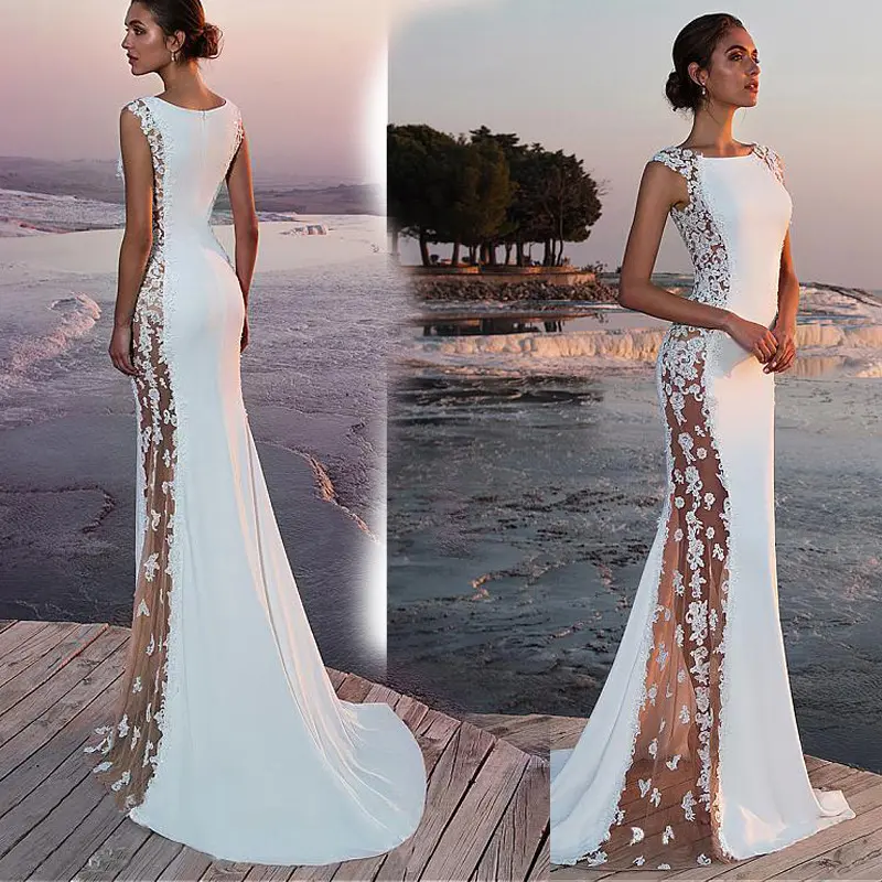 D&M Wholesale Modern Bridal Gowns Mermaid Wedding Dress With Side Embroidery Bling Party Evening Gowns