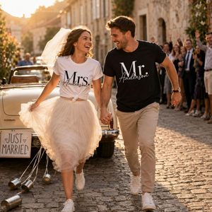 Camisetas personalizadas para parejas recién casadas, personalizadas con nombre, fecha, camisetas de boda, trajes a juego unisex para adultos - Product Image 6
