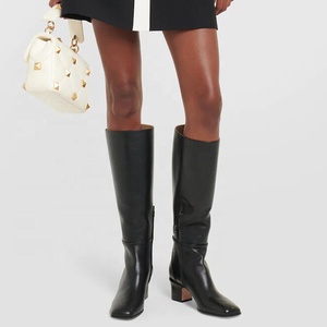 <b>Big</b> Size 46 Solid Wide Fit Women's Knee High Boots Ladies Low Chunky Heels Shoes Real Leather Side Zipper Long Booties - Product Image 4