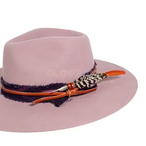 Sıcak satış Vintage stil geniş ağız avustralya yün fötr şapka şapka kadınlar özel tüy Hatband