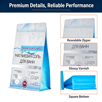 Sac d'emballage à fond plat avec fermeture éclair, 2 kg, 70,55 oz, 4,41 lb, 140 microns, bleu/rouge/blanc/noir, PET/VMPET/NY/PE, vernis mat, pour sel de bain