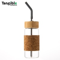 Botol air kaca borosilikat tinggi 400ML 14OZ, botol minum ramah lingkungan dengan tutup sekrup Bambu tutup kayu portabel