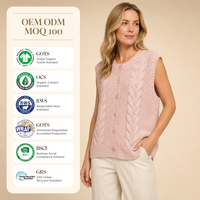 Gilet personnalisé pour femme en coton biologique, sans manches, col rond, tricot torsadé, un seul bouton, style preppy, printemps, OEM