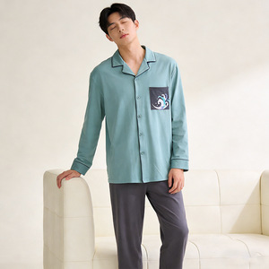SUHE PJ-1461 Bamboo <b>Men's</b> Summer <b>Pajama</b> <b>Set</b> Long Sleeve Ocean Blue Thin Knitted Soft Breathable <b>for</b> Home Hotel Bathhouse - Product Image 1