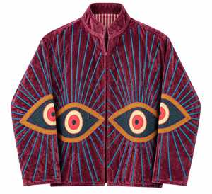 <b>Burgundy</b> Velvet Embroidered Eye Bomber <b>Jacket</b> <b>Women</b> Long Sleeve Stand Collar Cotton Lining Winter B2B Wholesale Supply - Product Image 4