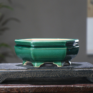 Maceta de Cerámica para Bonsái, Hexagonal, Cuadrada, con Esmalte Verde, Estilo Chino, Pequeña - Product Image 1