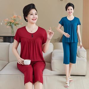 Women's Loose Fit Two Piece Set Short Sleeve <b>Top</b> Cropped Pants Casual Wear Breathable Knitted Summer Outfit Grey Pink Sea Blue - Product Image 3