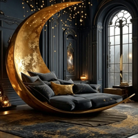 Lit en forme de croissant de lune Starry Canopy, cadre en fibre de verre noir, revêtement en lin, pour chambre à coucher moderne et luxueuse