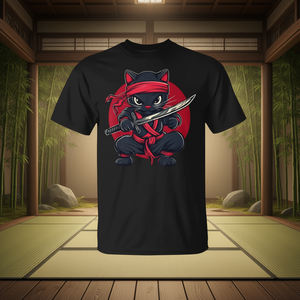 T-shirt graphique Cat Ninja Samurai Kawaii, thème japonais, couleur noire - Product Image 3