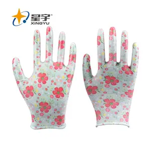 XINGYU Nitrile Bamboo Custom Lady Work Pu Black Safety Womens Wholesale Coated Printed Polyester Shell Garden Gloves
