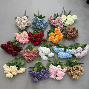 Commercio all'ingrosso di seta artificiale Bouquet di Rose 9 teste rosso rosa rosa blu cespuglio di fiori con foglie per la casa di nozze decorazione di compleanno - Product Image 1