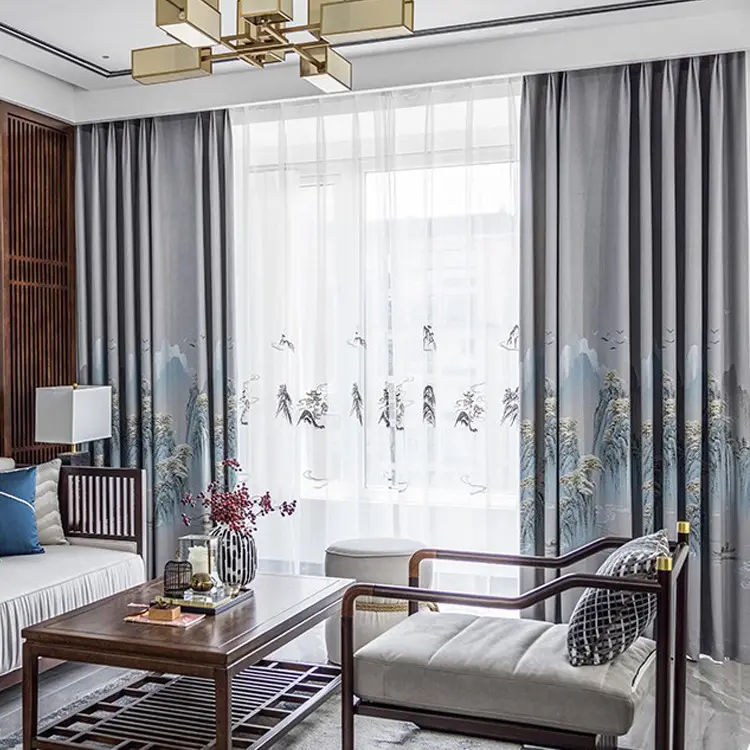 Luxus-Landschafts malerei im chinesischen Stil Polyester Jacquard Designer Vorhänge für das Wohnzimmer