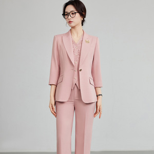 Women's Blue Three Piece Suit Set Three Quarter Sleeve Breathable Office Lady Work Wear - Product Image 4