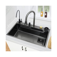 Évier de cuisine à cuve unique en acier inoxydable 304 noir, finition cascade, avec robinet intégré, multifonction, moderne, pour comptoir