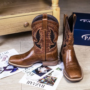 Bottes de cowboy en cuir PALITUTU pour hommes, style western, bout carré, mi-mollet, brodées, à enfiler, durables, pour l'équitation, décontractées, toutes saisons - Product Image 4