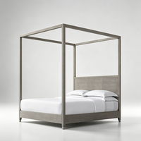 Lit à baldaquin minimaliste et discret avec cadre en bois massif et panneaux en cuir gaufré pour mobilier de chambre Queen et King Size