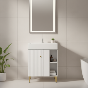 Meuble de salle de bain blanc avec lavabo en céramique simple, rangement côté droit, 23 pouces, armoire moderne minimaliste sur pied - Product Image 2
