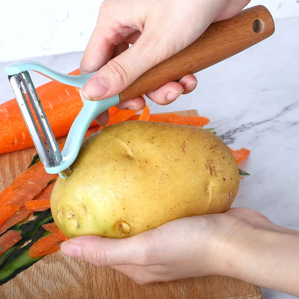 Peladora de papa con mango de madera, herramientas de Cocina 3 en 1, pelador de patatas y verduras de acero inoxidable