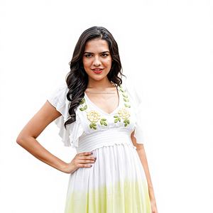 Vestido Midi Bohemio Ombre Blanco y Verde para Mujer, Manga Abullonada, Verano, Largo, Natural, Ecológico, Lavable, Ligero, Fluido, 100% - Product Image 1