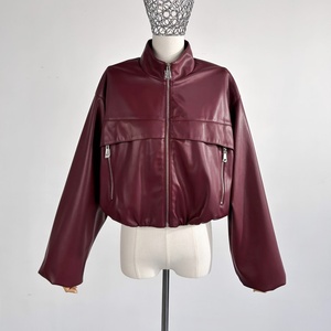 <strong>Burgundy</strong> Stand Collar Zipper PU <strong>Leather</strong> <strong>Jacket</strong> Women's Short <strong>Leather</strong> <strong>Jacket</strong> Factory Custom Colors Sizes - Product Image 5