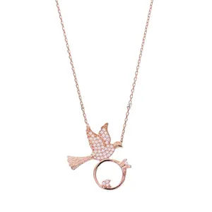 Wholesale Romantic Jewellery 925 Sterling Silver Rose Gold Plated Pigeon Dove And Ring Necklace