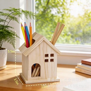 Portalápices de madera con forma de casa, organizador de escritorio, caja para brochas de maquillaje, artículos de estudio, adorno decorativo - Product Image 1