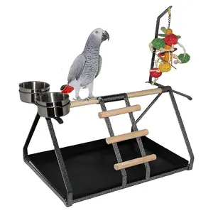 Soporte para loros de material metálico, perchas para pájaros para alimentación, soporte para pájaros de entrenamiento con percha de madera y 2 tazas de acero