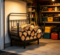 Cesto de Lenha de Ferro Forjado Preto Personalizado de Fábrica com Pernas, Suporte Alto para Armazenamento de Lenha para Jardim e Quintal - Atacado