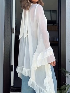 Sexy Lässige Figurbetonte Neckholder-Bluse mit Durchsichtigem Cape, Spitze, Langen Ärmeln und Atmungsaktivem Strickstoff für Damen im Sommer - Product Image 5