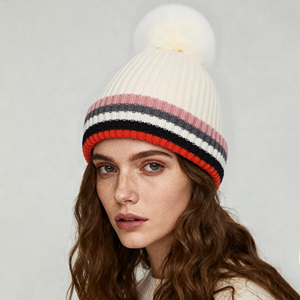 Custom Colorful Beanie Embroidery Logo Knitted <b>Hat</b> <b>Pom</b> <b>Pom</b> Striped Beanie Winter Caps with Warm Sherpa Fur Lining Headwear - Product Image 2