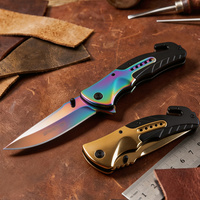 Couteau de poche pliant EDC OEM en gros F90 avec lame en acier inoxydable doré arc-en-ciel et verrouillage Liner Lock pour le camping en plein air, la survie et les usages tactiques