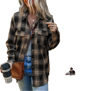 Women's Vintage Sweet Style Knitted Cotton Blouses Casual Floral Plaid Long-Sleeve Shirt <b>Turn</b>-Down Collar Button Decoration - Product Image 3