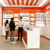 Complet ensemble de mobilier de magasin de téléphonie mobile : vitrine murale d'exposition d'accessoires et comptoir de démonstration de téléphones portables, combinaison blanc et orange