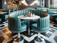 Ensemble de meubles de restaurant américain rétro des années 1950 canapé en demi-cercle table de stand en bois incurvé avec chaises pour restaurant