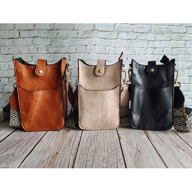 Vintage PU Mobile Phone Bag Purse Vegan Women Mini Crossbody Sling Bag with Jacquard Shoulder Strap