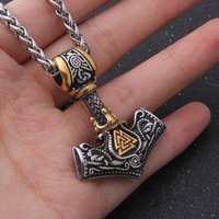 Collar con Colgante de Acero Inoxidable con Diseño Vikingo Nórdico Vintage, Triángulo de Odín, Runa Lunar y Martillo de Thor, Cadena de Bambú, Joyería Unisex de Moda