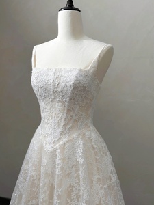 MQW02313 Vestido de Novia de Encaje <span class=keywords><strong>Chantilly</strong></span> <span class=keywords><strong>con</strong></span> Cuello Cuadrado, Cintura Estilo Vichy, Sin Mangas y Tirantes - Product Image 4