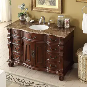 Moderne Luxe Sfeer Stijl Curvy Massief Houten Badkamermeubel 50Inch Natuurlijke Cararra Wit Marmer Top Vanity Badkamer