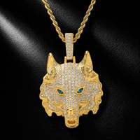 Liontin Hip Hop Brass Berlapis Berlian Imitasi Bentuk Kepala Serigala, Kalung Liontin Moissanite Mikro Inlaid, Kalung Keren Gaya Punk, Perhiasan Leher Fashion Hip Hop Pria