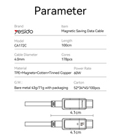 Câble de données magnétique Yesido CA172C de 1 mètre, type-C vers type-C, avec puce intelligente intégrée, charge rapide PD60W, économie d'énergie